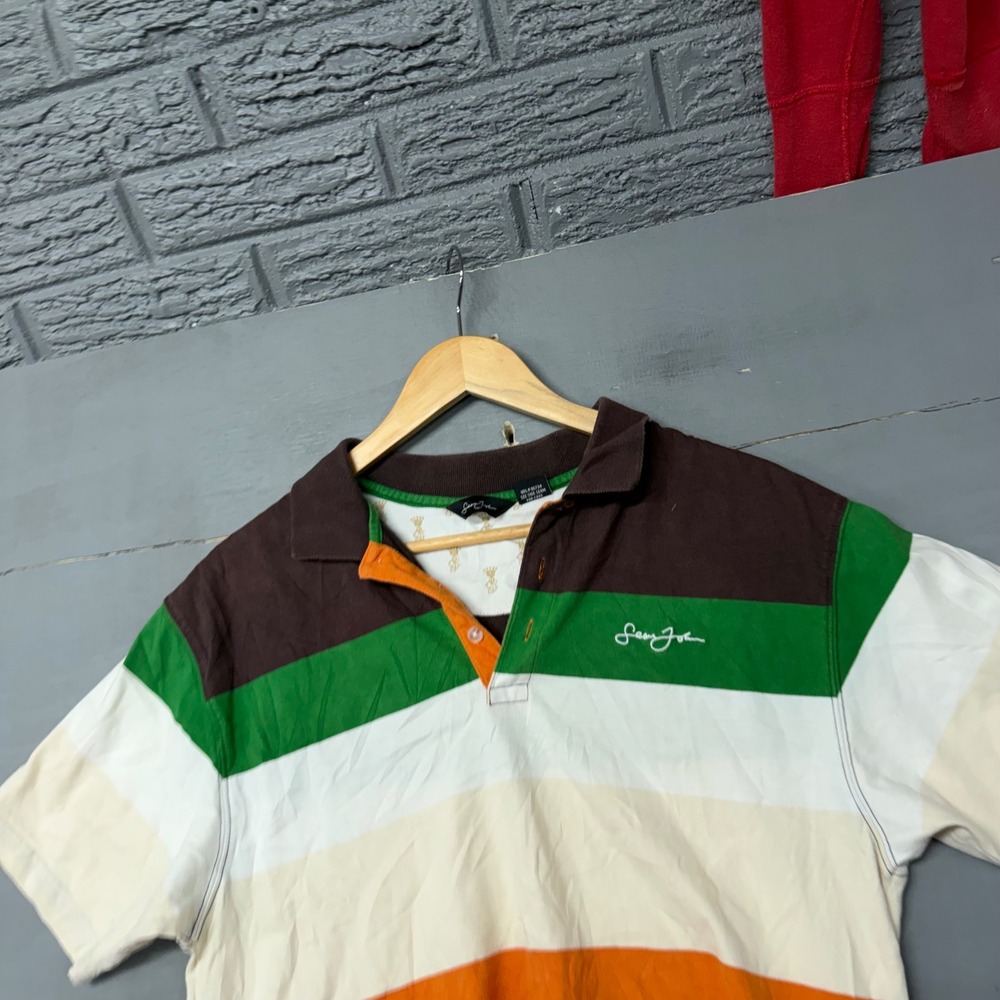 Sean John Mens XL Polo Shirt Colorblock Striped Brown Green Orange Cotton Y2K